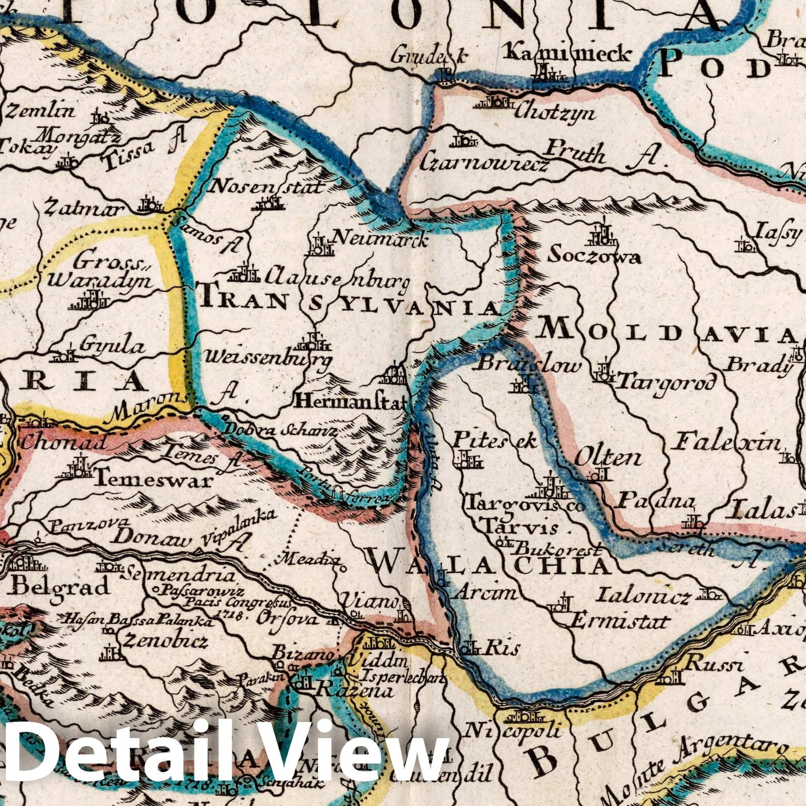 Hungary, Croatia, Dalmatia, Slavonia, Transylvania, Moldavia, Wallachia, Bulgaria, Romania Map 1716