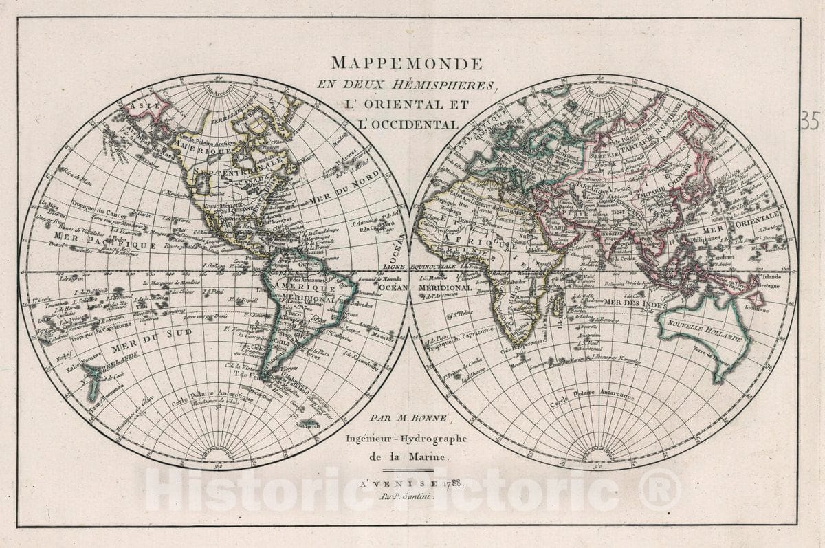Historic Map : Mappe Monde en Deux Hemispheres l'oriental et l'occidental, 1788 Atlas - Vintage Wall Art