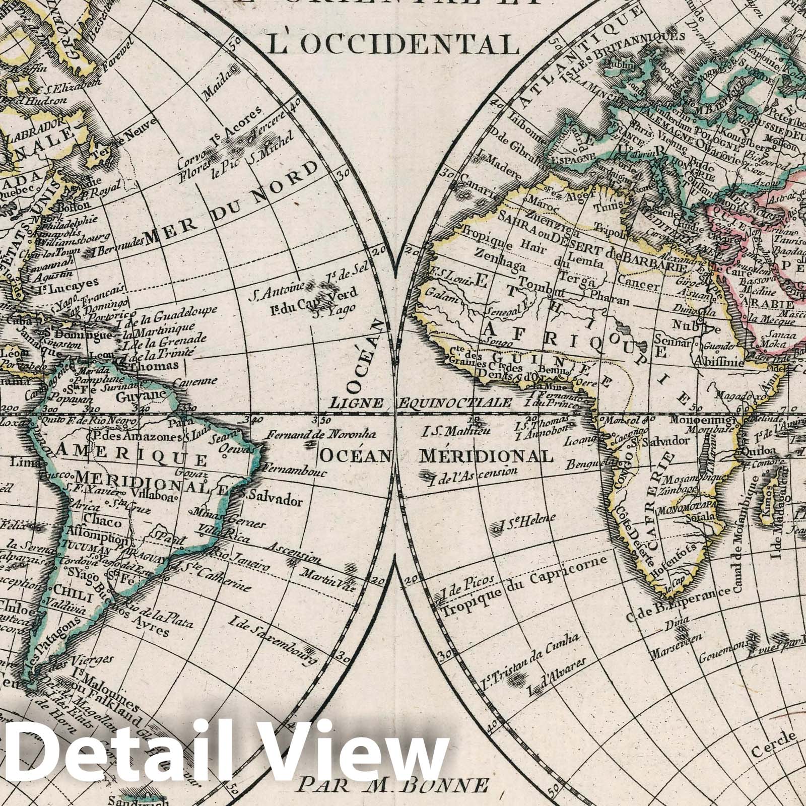 World Map in Two Hemispheres - River Map, 1788 - Historical Map Print