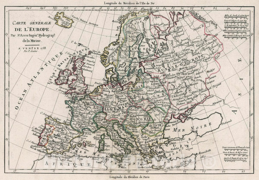 Historic Map : Carte generale de l'Europe. Par M. Bonne, Ingenieur - Hydrographe de la Marine. A' Venise Par P. Santini 1788, 1788 Atlas - Vintage Wall Art