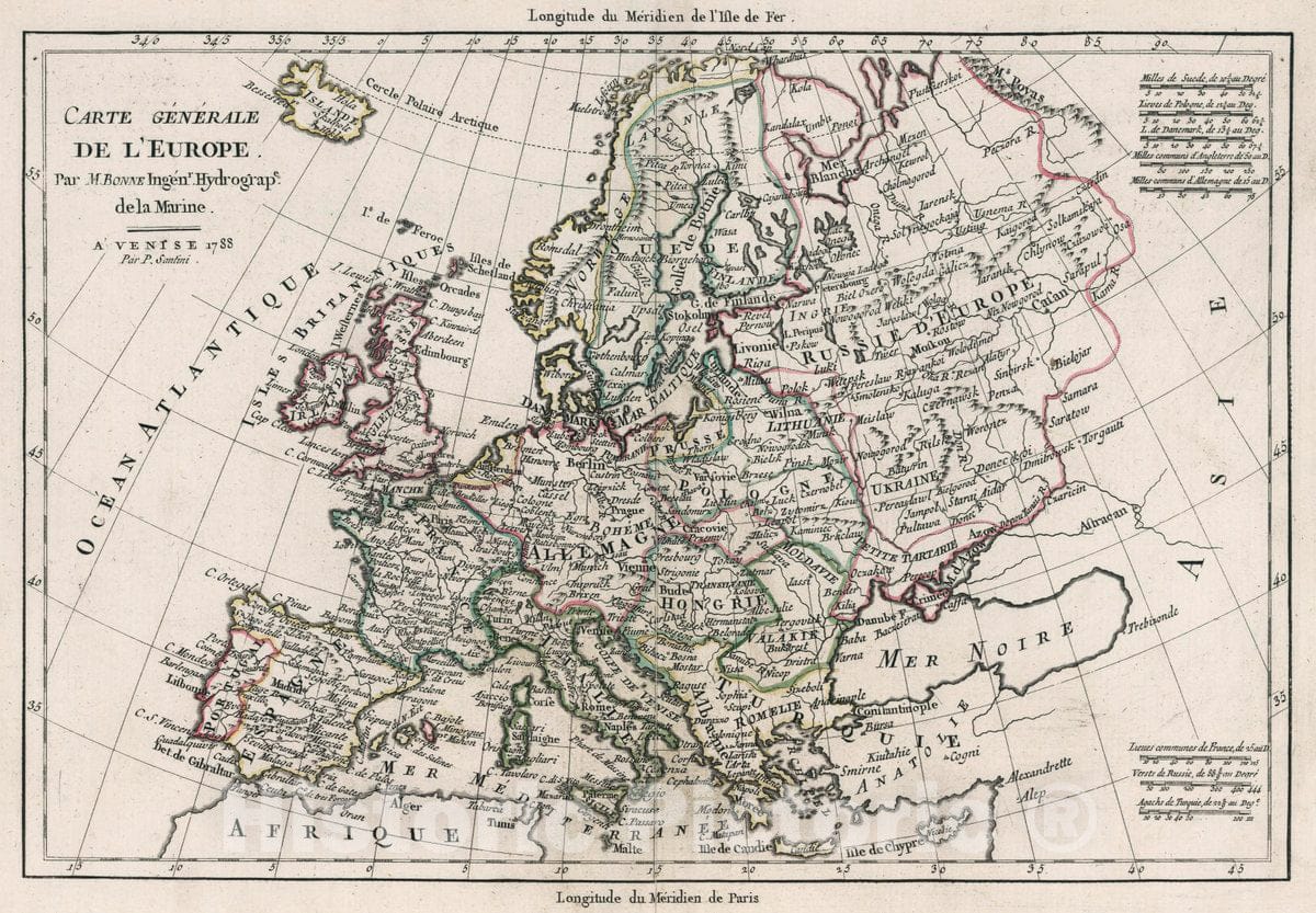 Historic Map : Carte generale de l'Europe. Par M. Bonne, Ingenieur - Hydrographe de la Marine. A' Venise Par P. Santini 1788, 1788 Atlas - Vintage Wall Art