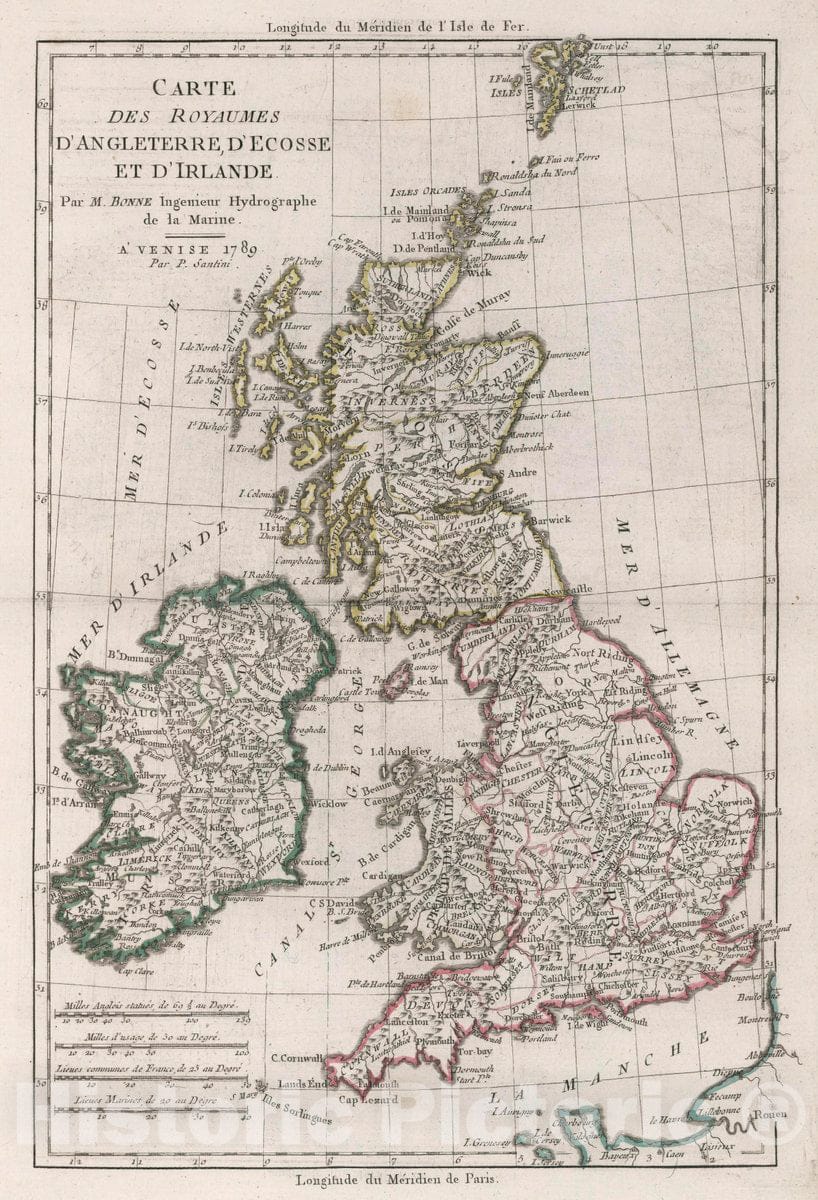 Historic Map : Great Britain, Carte royaumes d'Angleterre, d'Ecosse et d'Irlande , Vintage Wall Art