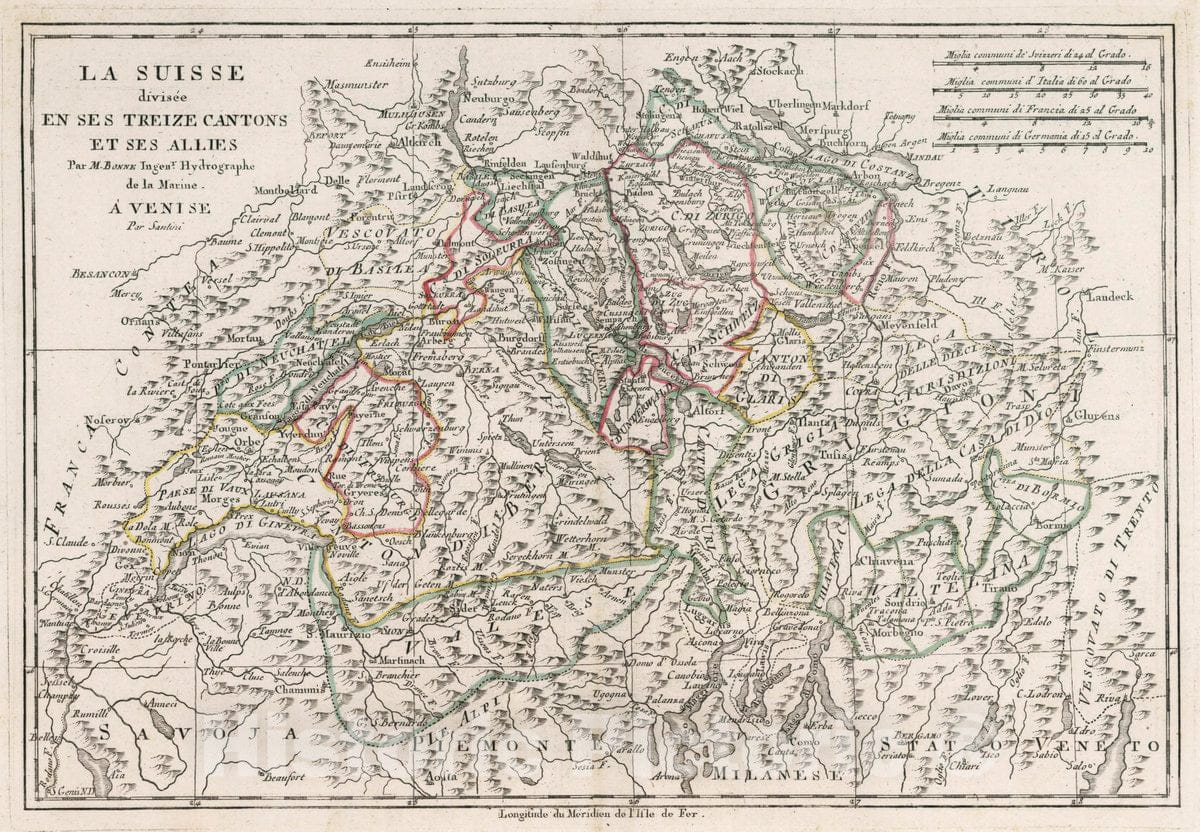 Historic Wall Map : Switzerland, La Suisse divisee en SES Treize Cantons et SES Allies, 1793 Atlas , Vintage Wall Art