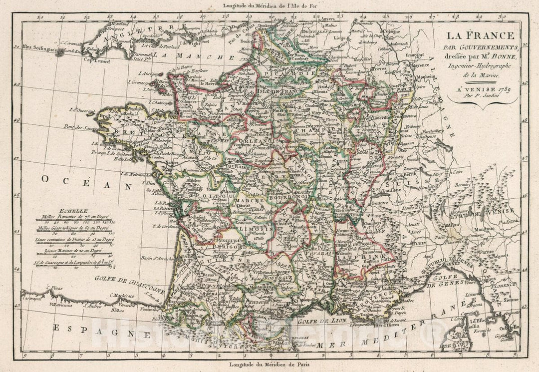 Historic Map : France, La France par gouvernements, dressee par Mr. Bonne Ingenieur - Hydrographe de la Marine. A' Venise 1789. Par P. Santini, 1789 Atlas , Vintage Wall Art