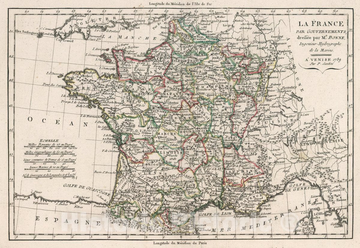 Historic Map : France, La France par gouvernements, dressee par Mr. Bonne Ingenieur - Hydrographe de la Marine. A' Venise 1789. Par P. Santini, 1789 Atlas , Vintage Wall Art