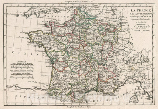 Historic Map : France, La France par gouvernements, dressee par Mr. Bonne Ingenieur - Hydrographe de la Marine. A' Venise 1789. Par P. Santini, 1789 Atlas , Vintage Wall Art