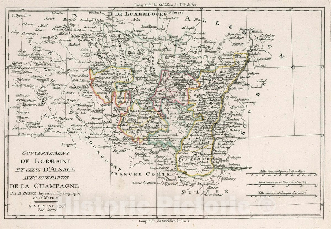Historic Map : France, Lorraine Gouvernement de Lorraine, Et Celui D'Alsace avec une Partie de la Champagne, 1793 Atlas , Vintage Wall Art