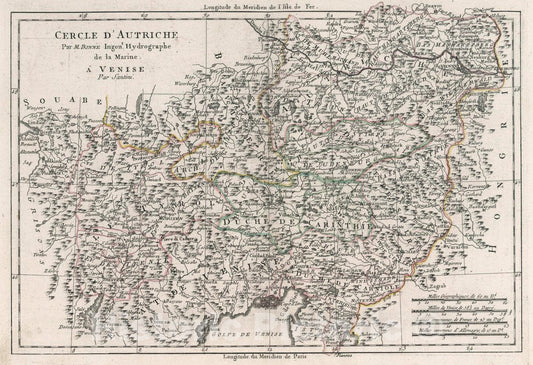 Historic Map : Austria, Europe, Central Cercle d'Autriche. Par M. Bonne Ingenieur Hydrographe de la Marine. A' Venise, Par 1793, Vintage Wall Art