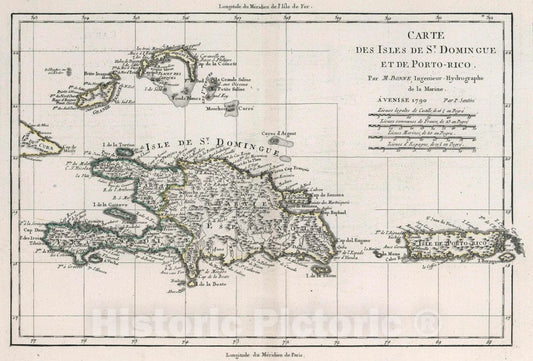 Historic Wall Map : Dominican Republic, Carte des Isles de St. Domingue et de Porto-Rico, 1790 Atlas , Vintage Wall Art