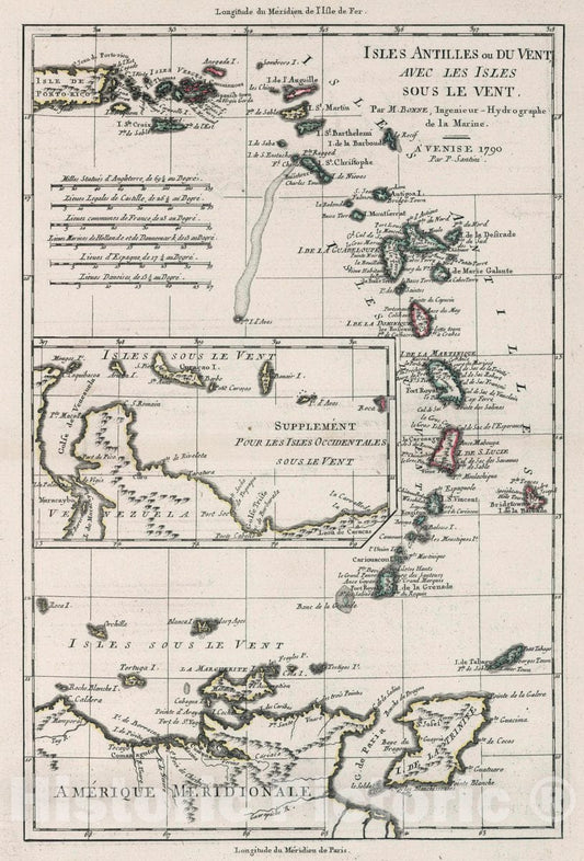 Historic Map : 1790 Isles Antilles ou du Vent, avec les Isles Sous le Vent - Vintage Wall Art