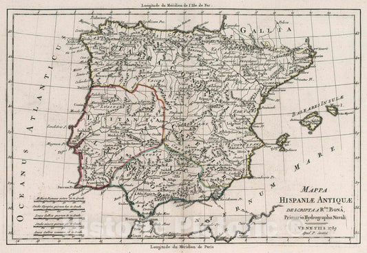Historic Map : Spain, Mappa Hispaniae Antiquae. Descripta a Rto. Bona, Primario Hydrographo Navali. Venetiis 1789 Apud P. Santini, 1789 Atlas , Vintage Wall Art