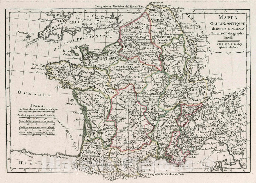Historic Map : France, Mappa Galliae Antiquae descripta a R. Bona, Primario Hydrographo Navali. Venetiis 1789 Apud P. Santini, 1789 Atlas , Vintage Wall Art