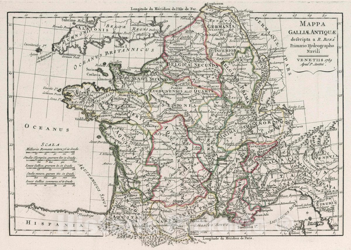 Historic Map : France, Mappa Galliae Antiquae descripta a R. Bona, Primario Hydrographo Navali. Venetiis 1789 Apud P. Santini, 1789 Atlas , Vintage Wall Art