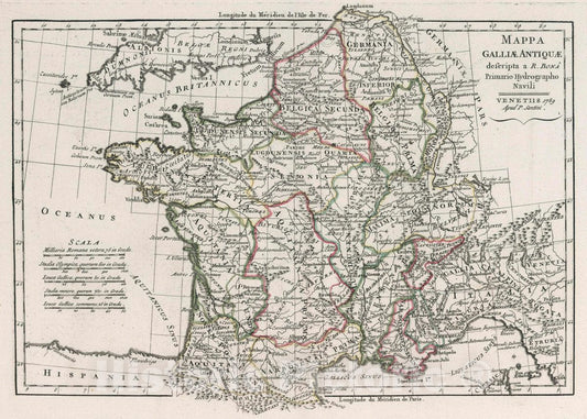 Historic Map : France, Mappa Galliae Antiquae descripta a R. Bona, Primario Hydrographo Navali. Venetiis 1789 Apud P. Santini, 1789 Atlas , Vintage Wall Art