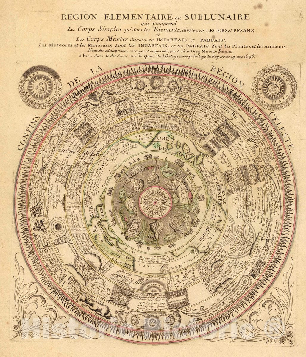 Historic Map : Region Elementaire ou Sublunaire qui Comprend Les Corps Simpes qui Sont Elements, 1696, Gregoire Mariette, Vintage Wall Art
