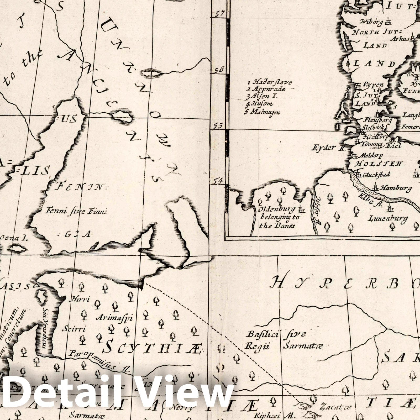 Ancient Scandinavia and Denmark - River Map, 1700 - Historical Map Print