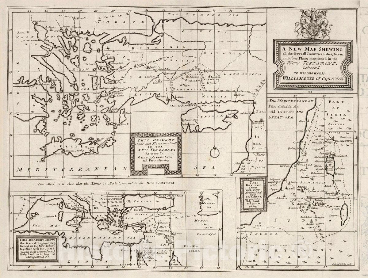 Historic Map : New map Showing All The Several Countries, Cities, Towns, and Other Places Mentioned in The New Testament, 1700 Atlas - Vintage Wall Art