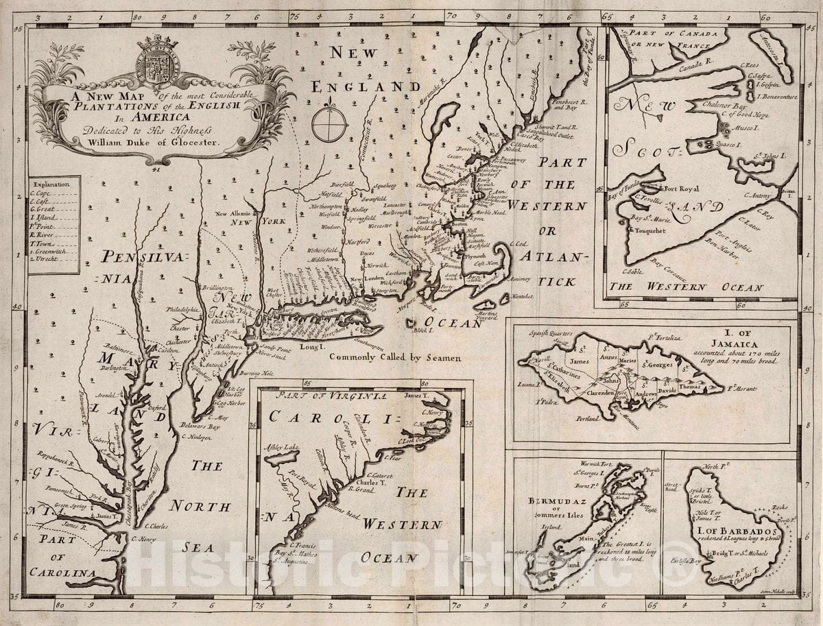 Historic Map : A New map of The Most considerable plantations of The English in America, 1700 Atlas - Vintage Wall Art