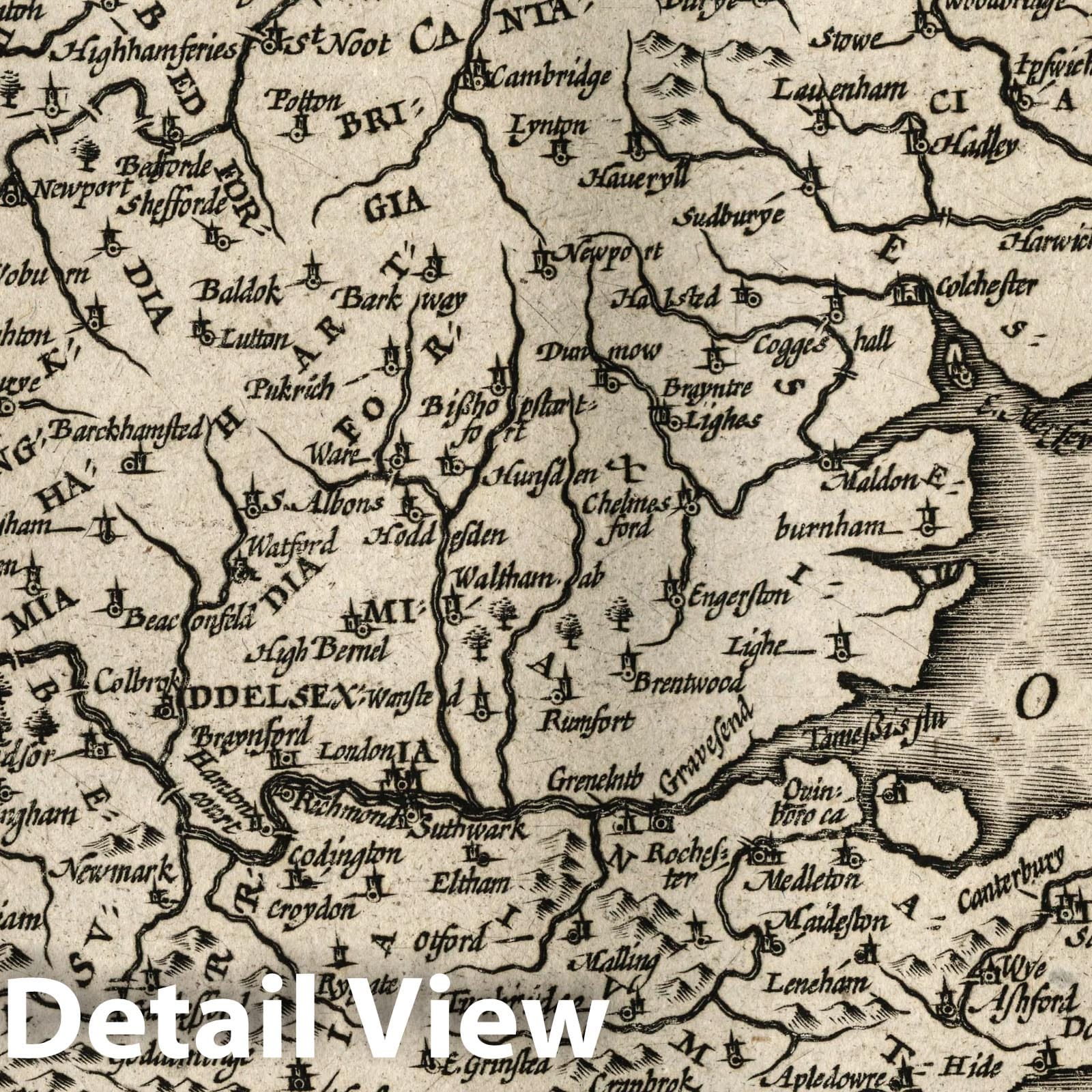 Warwickshire, Northamptonshire, Huntingdonshire, Cambridgeshire Map 1607 - Historical Print