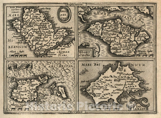 Historic Map : Anglesey Ins; Wight ol Vectis; Ins. Garnesey; Ins. Larsey, 1607 Atlas - Vintage Wall Art