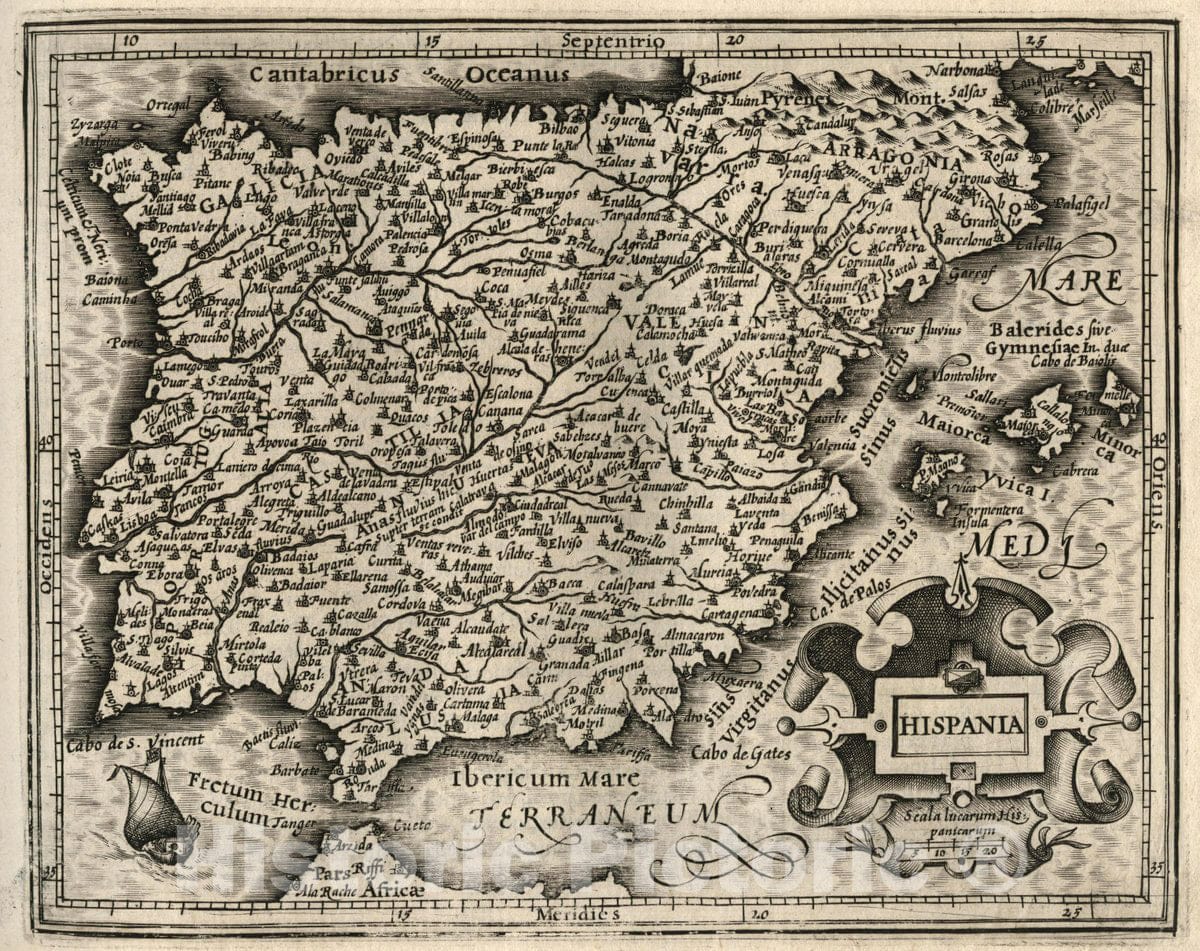 Historic Map : Spain, Hispania. (to accompany) Atlas Minor Gerardi Mercatoris, 1607 Atlas , Vintage Wall Art