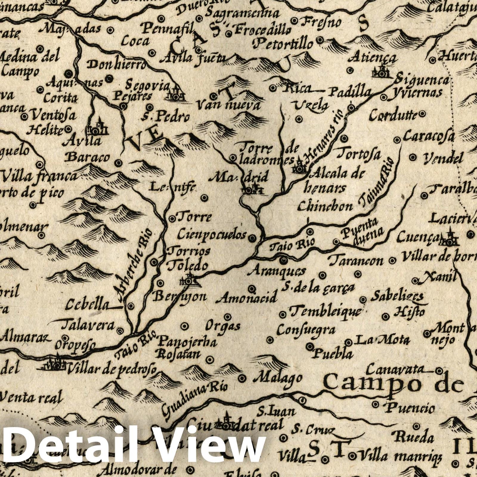 Castile, Spain - River Map, 1607 - Historical Map Print