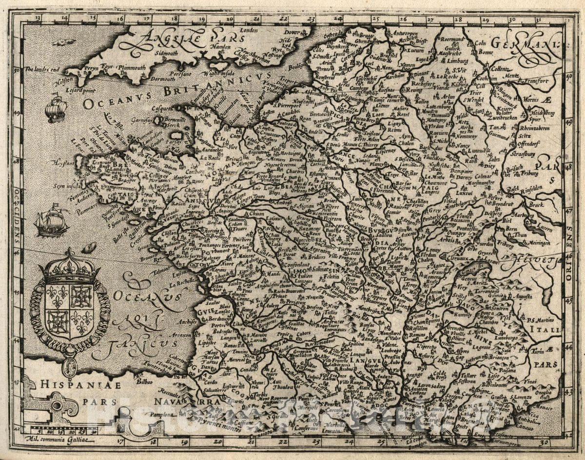 Historic Map : France, (Gallie universalis). (to accompany) Atlas Minor Gerardi Mercatoris, 1607 Atlas , Vintage Wall Art