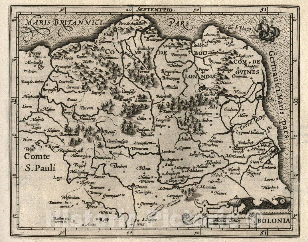 Historic Map : France, Bolonia. (to accompany) Atlas Minor Gerardi Mercatoris, 1607 Atlas , Vintage Wall Art