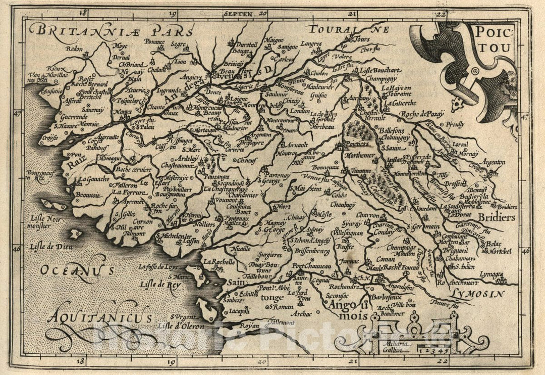 Historic Map : France, Poictou. (to accompany) Atlas Minor Gerardi Mercatoris, 1607 Atlas , Vintage Wall Art