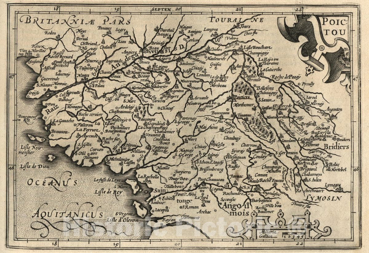 Historic Map : France, Poictou. (to accompany) Atlas Minor Gerardi Mercatoris, 1607 Atlas , Vintage Wall Art