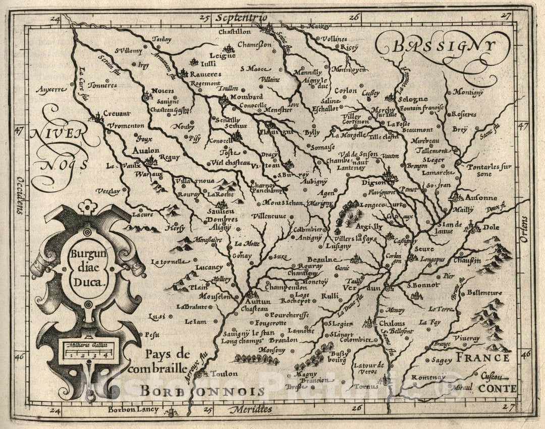 Historic Map : France, Burgundy, France Burgundiae Duca. (to accompany) Atlas Minor Gerardi Mercatoris, 1607 Atlas , Vintage Wall Art