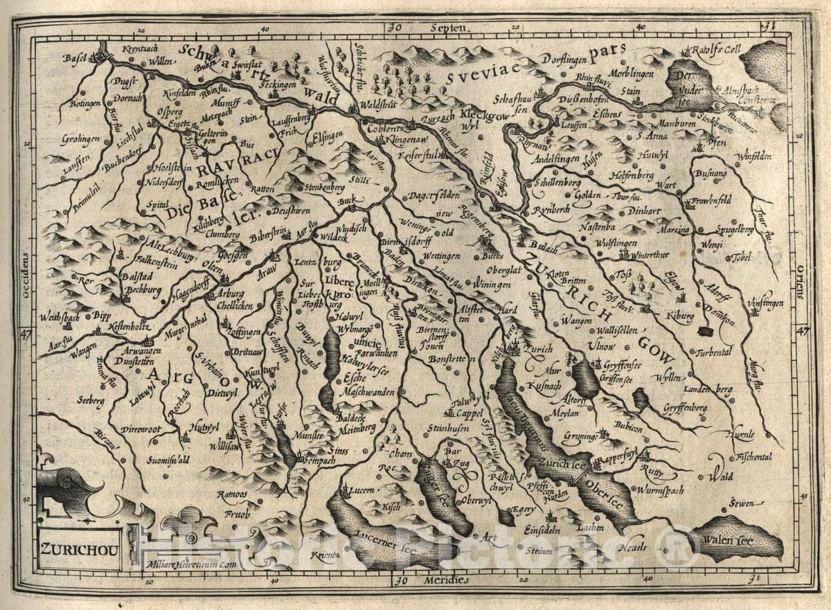 Historic Map : Switzerland, Zurichou. (to accompany) Atlas Minor Gerardi Mercatoris, 1607 Atlas , Vintage Wall Art