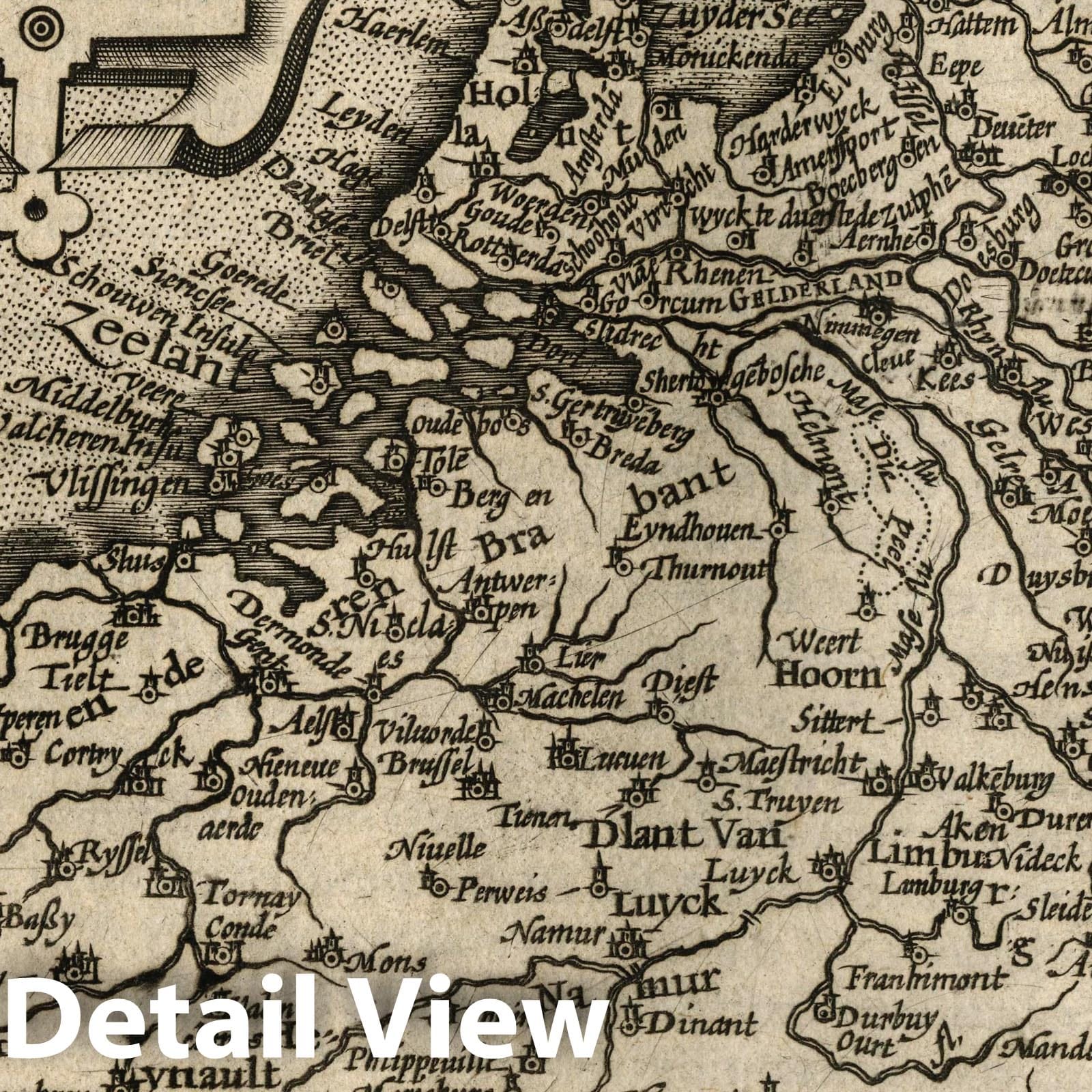 Belgium and the Netherlands - River Map, 1607 - Historical Map Print
