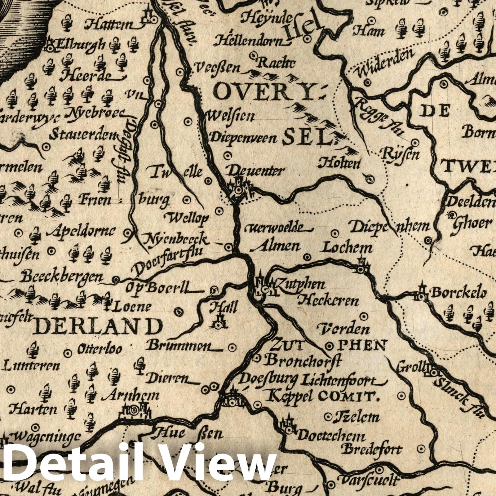 Gelderland and Overijssel, Netherlands - River Map, 1607 - Historical Map Print