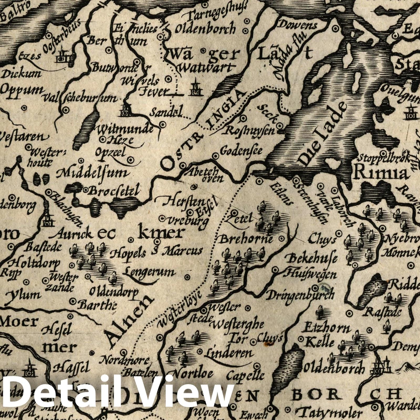 Emden and Oldenburg, Germany - River Map, 1607 - Historical Map Print