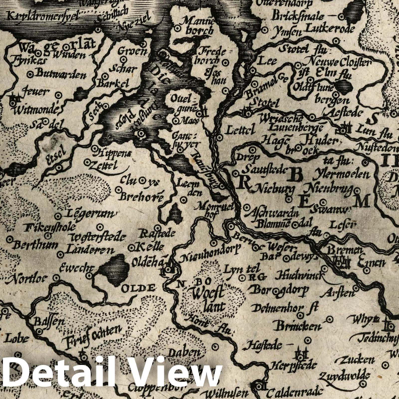 Westphalia with Diocese of Bremen, Germany - River Map, 1607