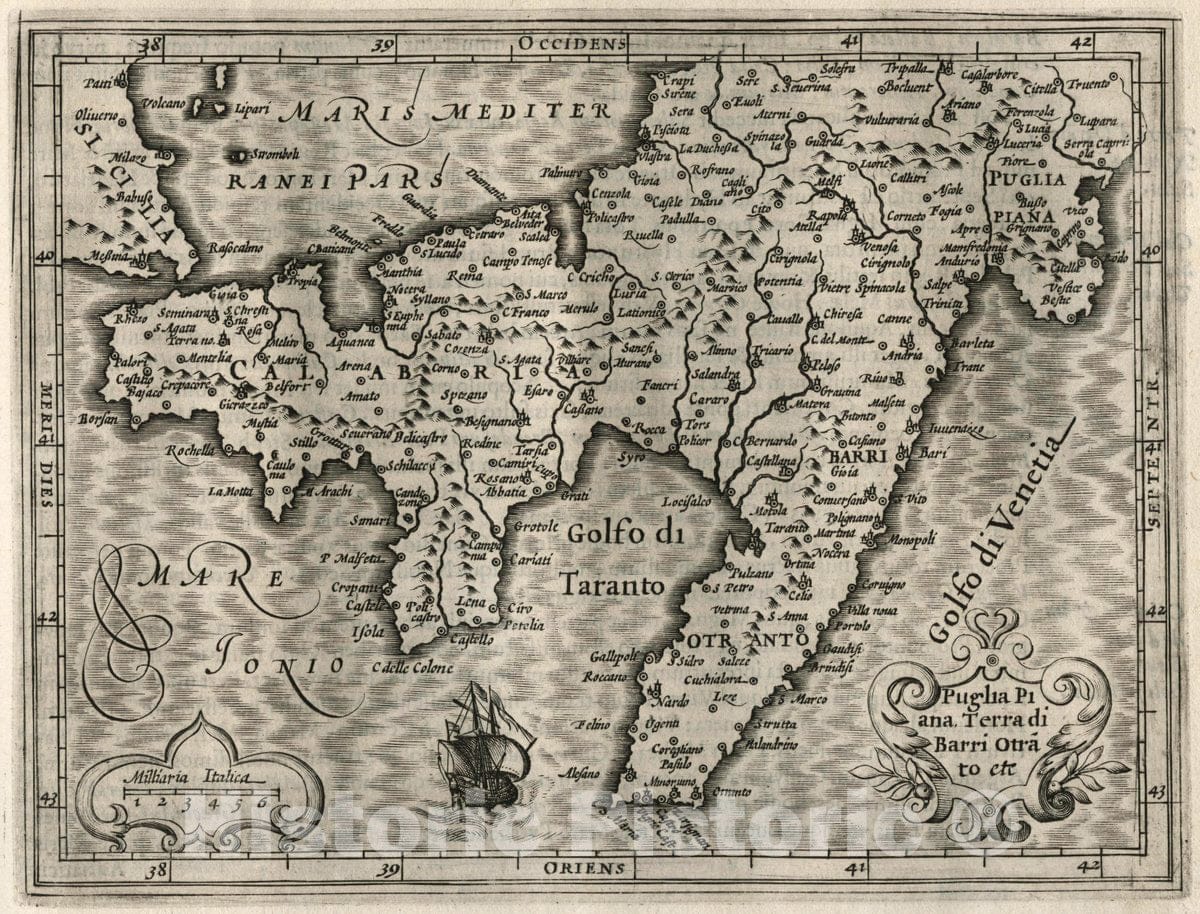 Historic Map : Italy, Puglia Piana Terra di Barri Otranto etc, 1607 Atlas , Vintage Wall Art