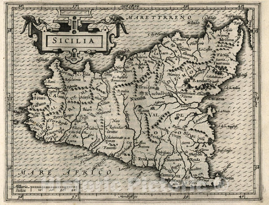 Historic Map : Sicily (Italy) Sicilia. (to accompany) Atlas Minor Gerardi Mercatoris, 1607 Atlas , Vintage Wall Art