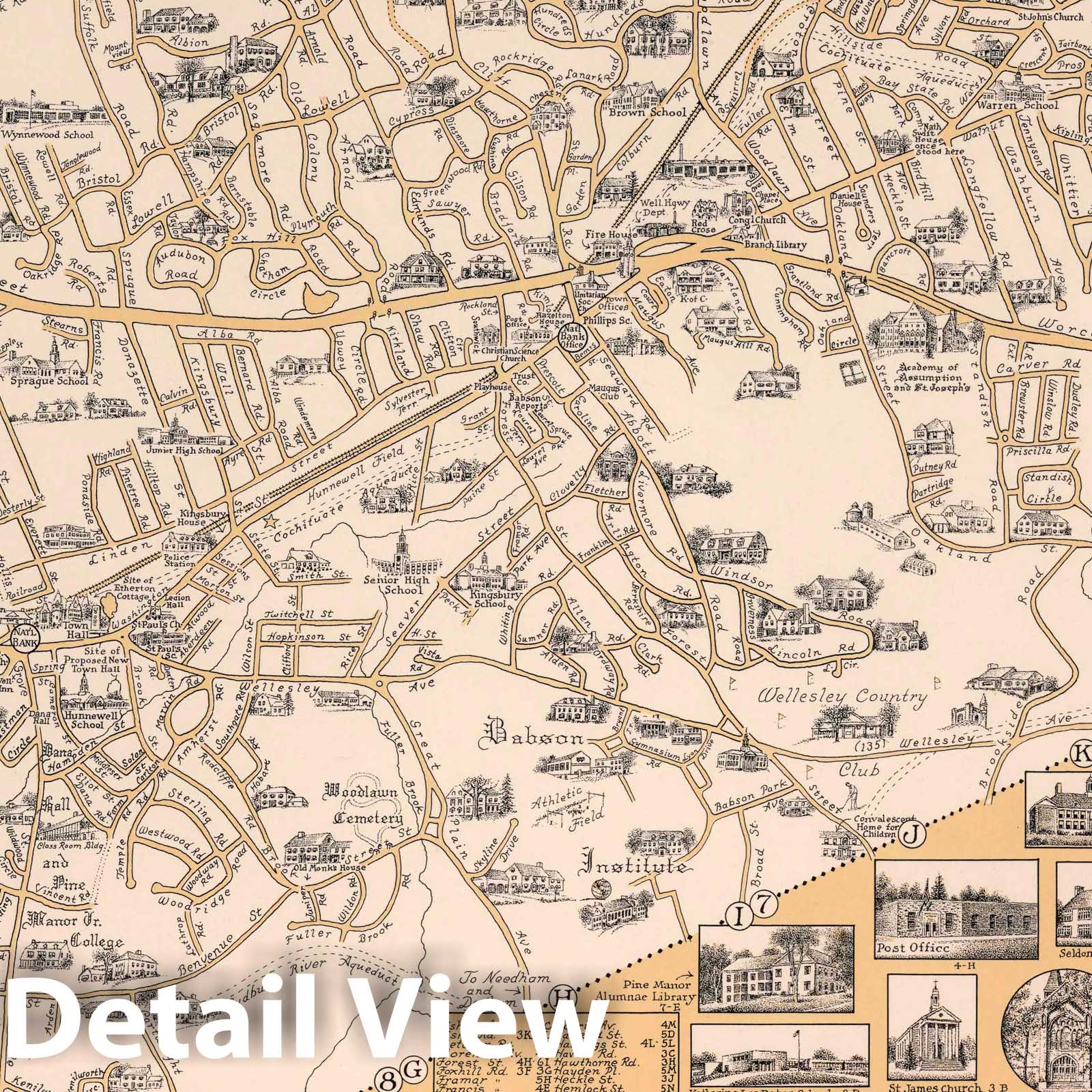 Wellesley, Massachusetts - Pictorial Map, 1960 - Historical Map Print