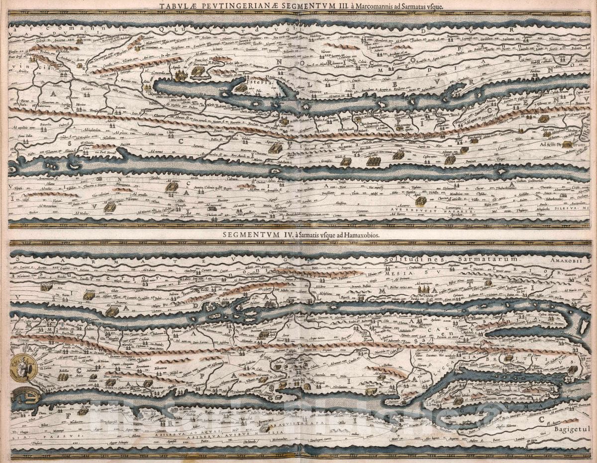 Historic Map : Tabulae Peutingerianae segmentum III & IV, 1619 Atlas - Vintage Wall Art