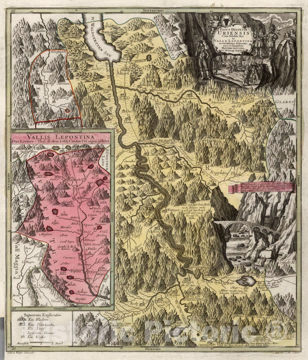 Historic Map : Switzerland, 4. Pagus Helvetiae Uriensis. (Inset) Valle Lepontina, 1740 Atlas , Vintage Wall Art