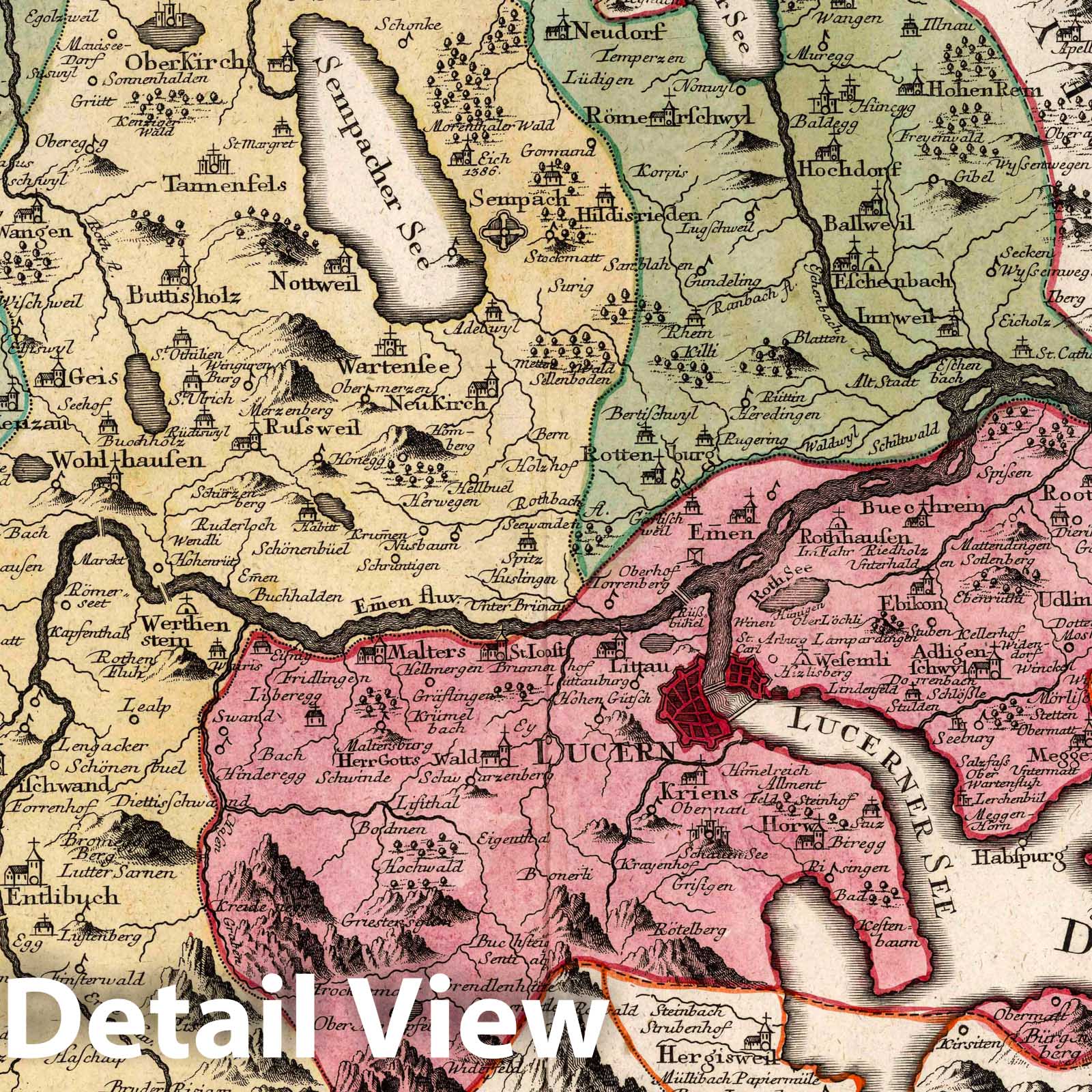 Lucerne, Switzerland 1750 - Historical Map Print