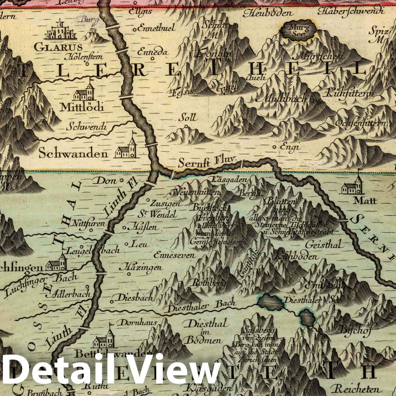 Glaronensis and Werdenberg, Switzerland 1750 Historical Map Print