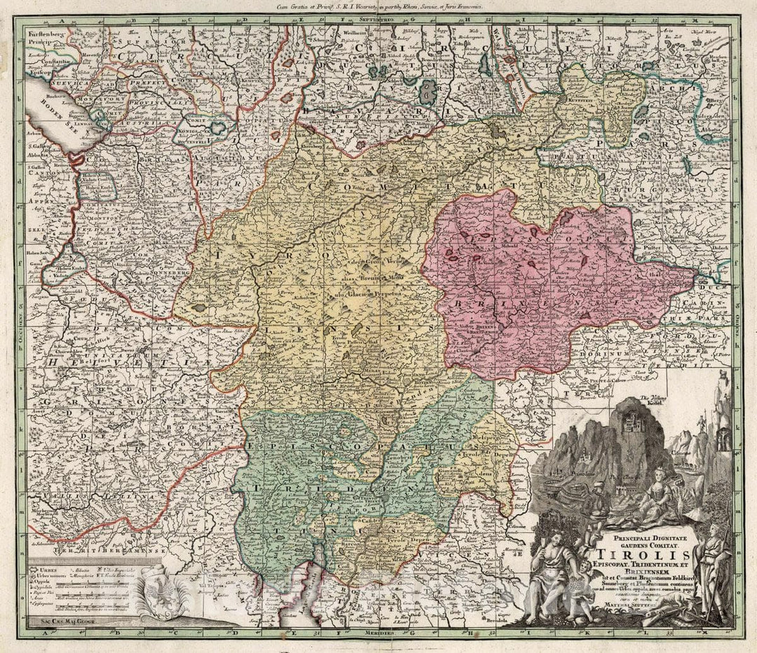 Historic Map : Austria, 16. Tirolis, Episcopat, Tridentinum, Brixiensem, 1730 Atlas , Vintage Wall Art