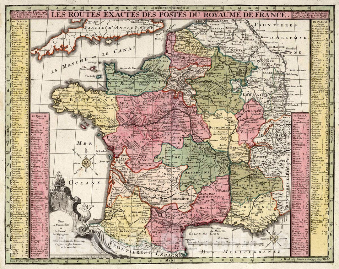 Historic Map : France, 7. Les Routes Exactes des Postes du Royaume de France, 1750 Atlas , Vintage Wall Art
