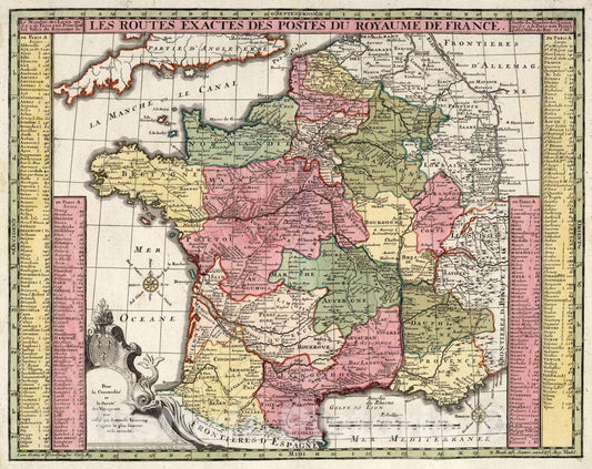 Historic Map : France, 7. Les Routes Exactes des Postes du Royaume de France, 1750 Atlas , Vintage Wall Art