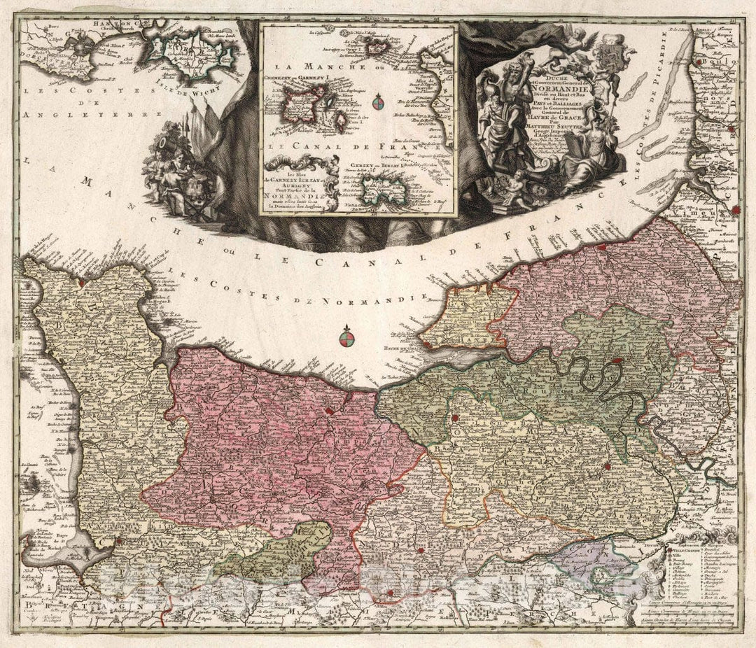 Historic Map : Normandy , France 15. Duche et Gouvernem: General de Normandie Harve de Grace.(Inset) Garnezy Ierzay et Aurigny, 1740 Atlas , Vintage Wall Art