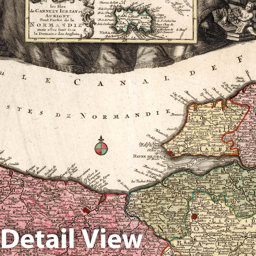 Historic Map : Normandy , France 15. Duche et Gouvernem: General de Normandie Harve de Grace.(Inset) Garnezy Ierzay et Aurigny, 1740 Atlas , Vintage Wall Art