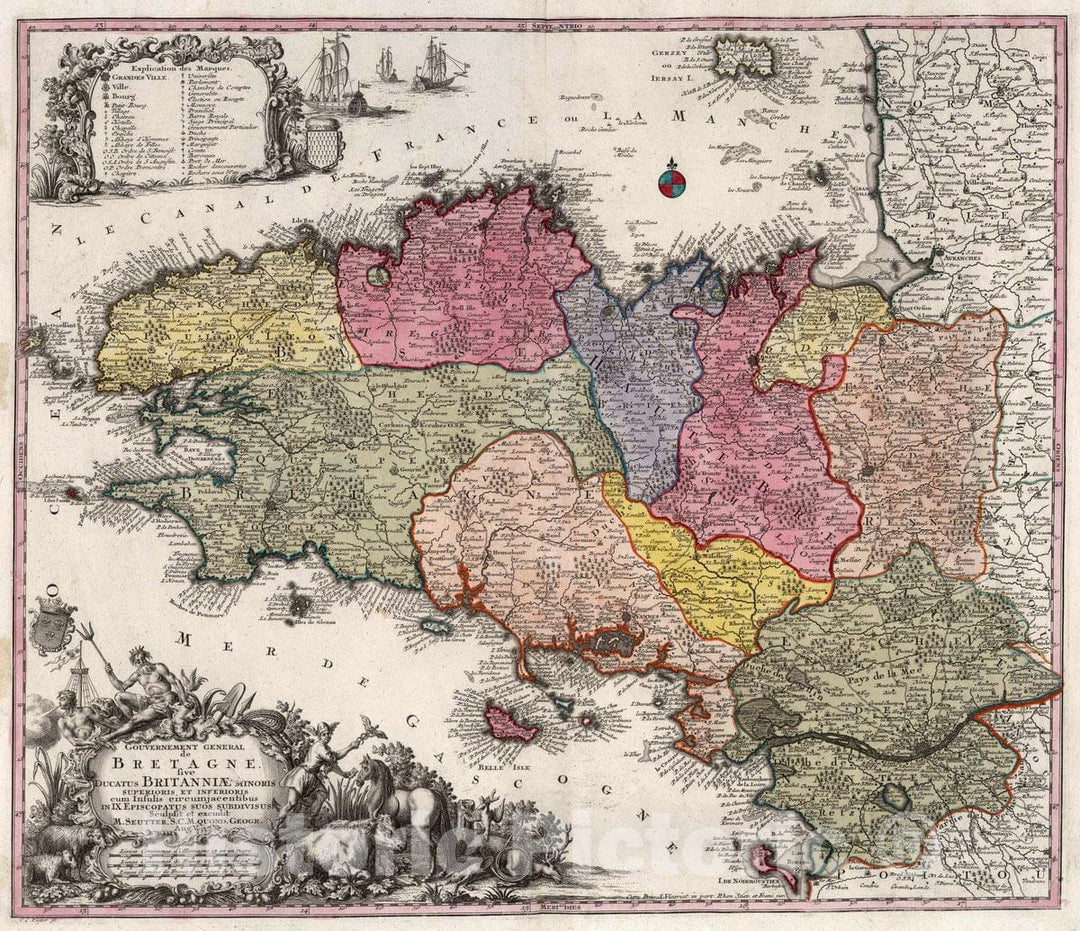 Historic Map : Brittany , France 16. Bretagne sive Ducatus Britanniae Minoris, 1740 Atlas , Vintage Wall Art