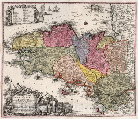 Historic Map : Brittany , France 16. Bretagne sive Ducatus Britanniae Minoris, 1740 Atlas , Vintage Wall Art